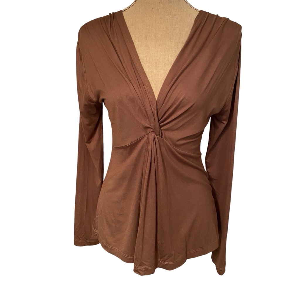 VAGARIES TOP TEE LONG SLEEVE BROWN STRETCH DEEP TWIST V-NECK SIZE S